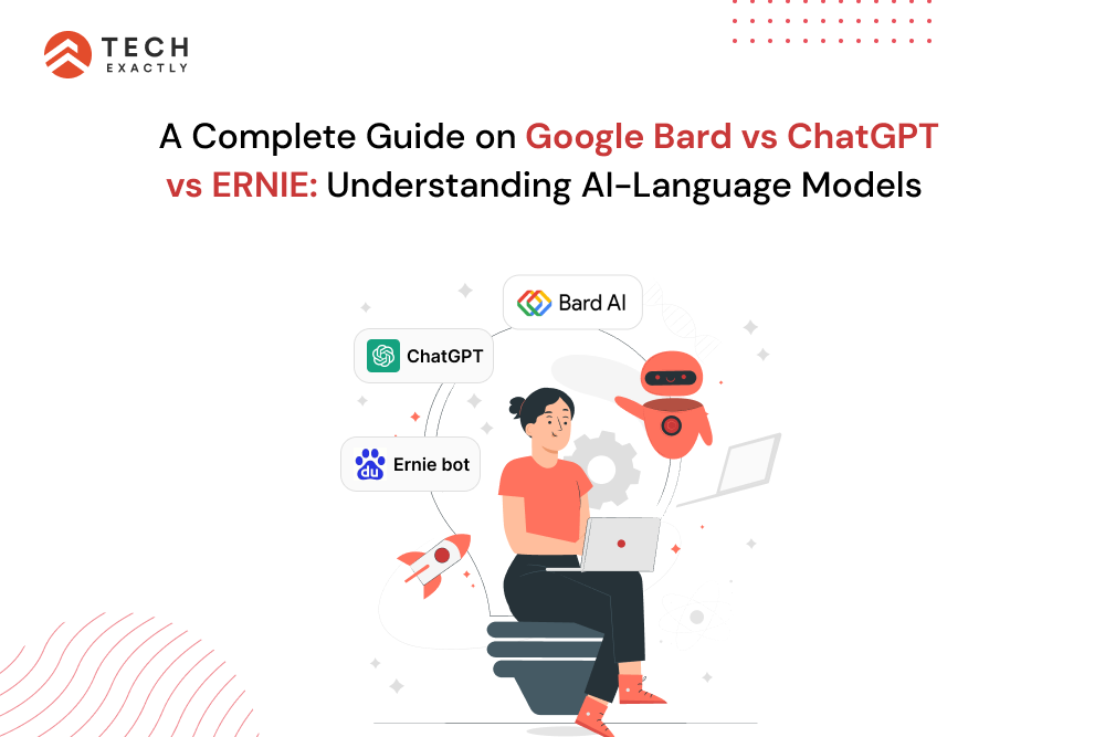 A model woman sitting with a laptop and comparing Google Bard vs ChatGPT vs ERNIE