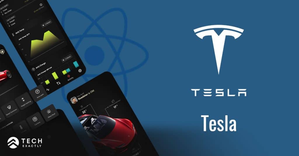 Tesla's highly advanced app with dark-themed user interface is made with React Native